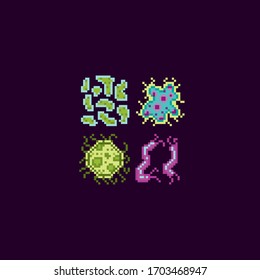 Fijo de iconos de arte en píxeles y bacterias. Moléculas virales. Microorganismos, virus, parásitos, gérmenes y bacilos aislados de la ilustración vectorial. Diseño para logotipo, aplicación. Observación en el microscopio. 8 bits.