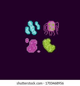 Bakterien- und Mikrowellensymbole für Pixelkunst. Virale Moleküle. Mikroorganismen, Viren, Parasiten, Keime und Bazilli, einzelne Vektorillustration. Design für Logo, App. Beobachtung im Mikroskop. 8-Bit.