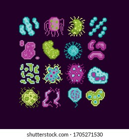 Bacteria and microbe pixel art icons set. Viral molecules. Micro organisms, virus, parasite, germs and bacilli isolated vector illustration. Design for logo, app. Observation in the microscope. 8-bit.