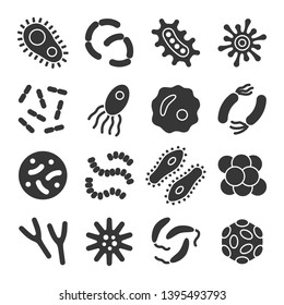 Bacteria, Microbe, Virus Glyph Vector Icon Set. Microscopic Bacterium And Bacillus Collection, Isolated On White Background