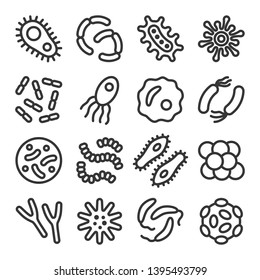 Bacteria, microbe, virus outline vector icon set. Microscopic bacterium and bacillus collection, isolated on white background