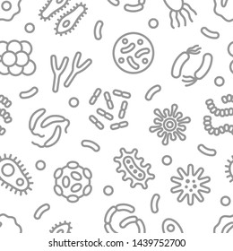 Bacteria, microbe, virus outline vector seamless pattern. Microscopic bacterium and bacillus collection, isolated on white background