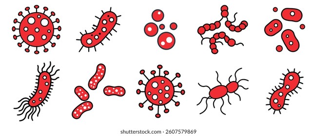 Bacteria, microbe, virus outline vector icon set. Microscopic bacterium and bacillus collection, isolated on white background
