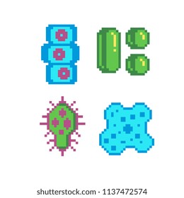 Bacteria microbe virus parasite pixel art icons set. Micro organisms germs and bacilli isolated vector illustration. Design for logo, app. Observation in the microscope. 8-bit sprite. Viral molecules.