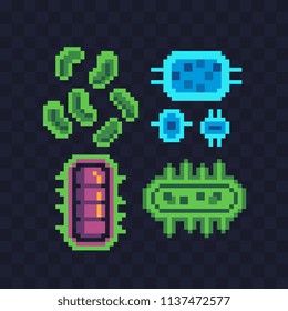 Bacteria microbe virus parasite pixel art icons set. Viral molecules. Micro organisms germs and bacilli isolated vector illustration. Design for logo, app. Observation in the microscope. 8-bit sprite.