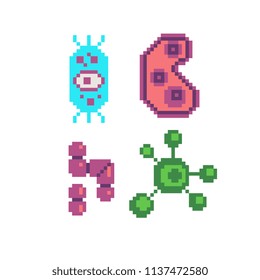 Bacteria microbe virus parasite pixel art icons set. Viral molecules. Micro organisms germs and bacilli isolated vector illustration. Design for logo, app. Observation in the microscope. 8-bit sprite.
