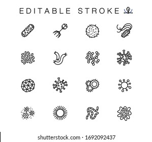 Bacteria, Microbe and Virus Vector Line Icons Set. Viral and Bacterial Infection, Colony of Bacteria, Petri Dish. Coronavirus, COVID-19. Outline symbols pack. Editable Stroke.