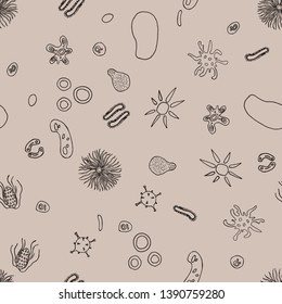 Bacteria, microbe and viruses. Vector illustration. Seamless pattern background