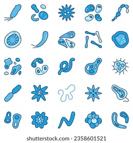 Bacteria and Microbes blue icons set. Viruses creative signs. Microbe Biology concept symbols