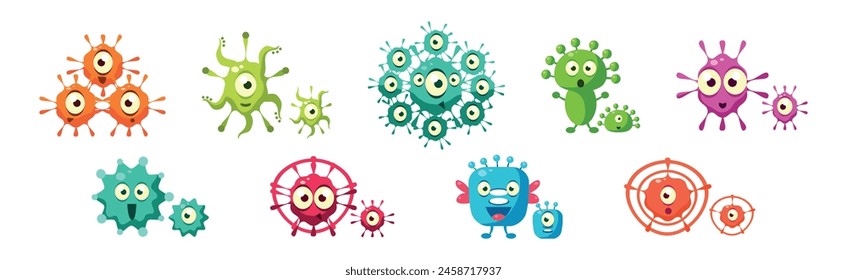 Personajes de bacterias y microbios con juego de Vector de caras sonrientes divertidas