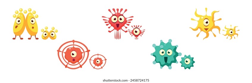 Bacteria and Microbes Characters with Funny Smiling Faces Vector Set