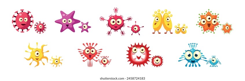Personajes de bacterias y microbios con juego de Vector de caras sonrientes divertidas