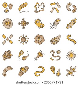 Bacteria and Microbes colored icons set. Viruses or Microorganisms Genetics concept vector modern signs collection