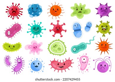 Bacteria, microbes, cute germs and viruses isolated cartoon characters with funny faces. Smiling pathogen microbes and coronavirus with big eyes, cells with teeth and tongues. Vector illustration