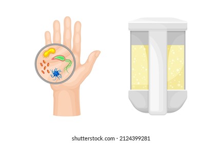 Conjunto de vectores de bacterias y microbios que analizan bajo vidrio de aumento a mano y dispensador de jabón