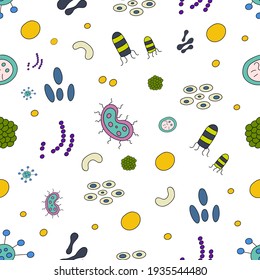Bacteria and microbes Pattern. Microorganisms. Pathogenic objects. Different kinds of Bacteria. Viruses. Mushrooms. The simplest. Virus. Vector illustration
