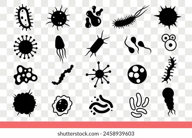 Bacteria and microbes that cause infection and spread infections in human body, under microscope. Set of harmful microorganisms and bacteria or worms spreading due to poor hygiene. Hand drawn doodle