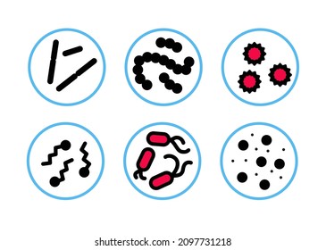 Bacteria, microbes and viruses in a circles set. Vector color icons isolated on white.