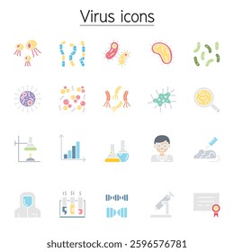 Bacteria, Microbes and Viruses icon set in flat color style