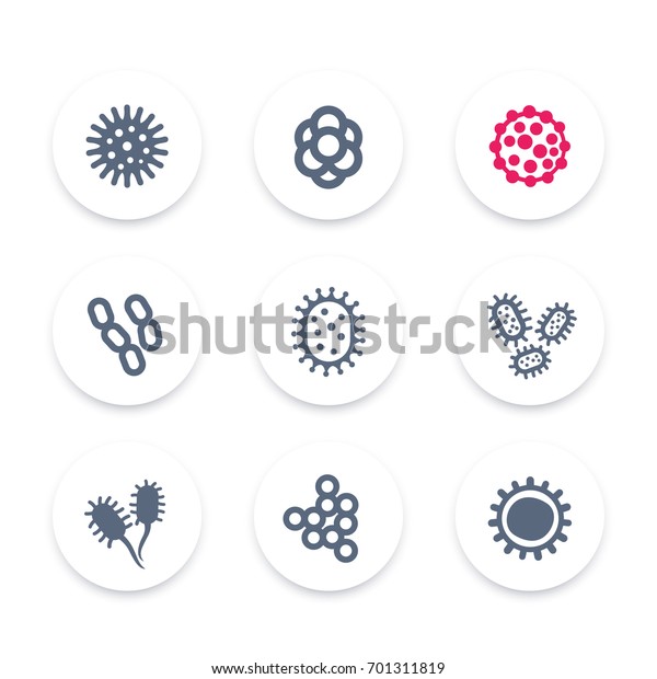 bacteria, microbes and viruses icons set,\
vector pictograms
