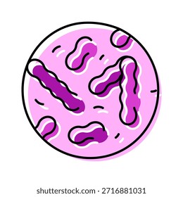 Bactérias e organismos microbianos proliferando em uma superfície de ágar rosa representado como um ícone de linha plana abstrato para microbiologia, ciência ou conceitos de saúde