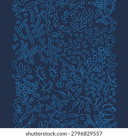 Bacteria microbiology seamless border pattern with diverse microbe forms for medical, science and education use, Vector Illustration, editable stroke weight, blue and white line art background.