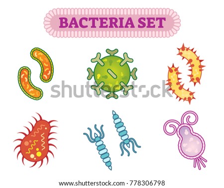 Bacteria microorganism vector illustration collection with various shapes. Science of Bacteriology. 