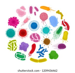 Bacteria and microorganisms in circle. Set virus cells isolated on white background. Vector illustration. Flat style. EPS 10.