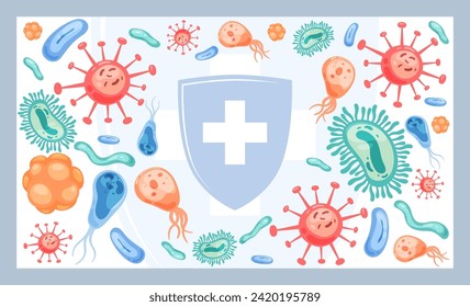 Bacteria and microorganisms of various shapes and colors in a cartoon style. Viruses that cause diseases. Vector illustration