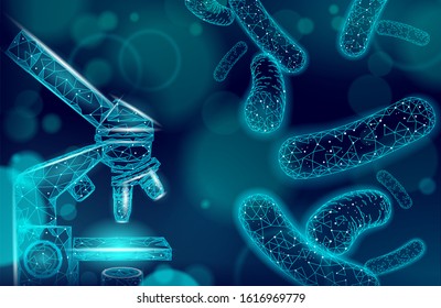 Bacteria microscope 3D low poly render probiotics. Healthy normal digestion flora of human intestine yoghurt production. Modern science medicine allergy immunity thearment vector illustration