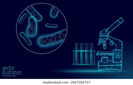  Microscopio de bacterias 3D bajo poli renderizado probióticos. Flora sana normal de la digestión de la producción de yogur del intestino humano. Ilustración vectorial de tratamiento de inmunidad de alergia de medicina moderna