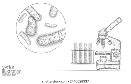 Microscopio de bacterias 3D bajo poli renderizado probióticos. Flora sana normal de la digestión de la producción de yogur del intestino humano. Ilustración vectorial de tratamiento de inmunidad de alergia de medicina moderna