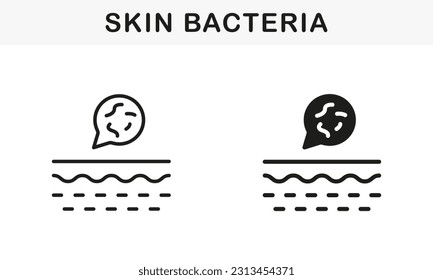 Bacteria on Skin Line and Silhouette Black Icon Set. Skin Layer with Microbes Flora Pictogram. Microorganisms on Structure of Human Dermis Symbol Collection. Isolated Vector Illustration.