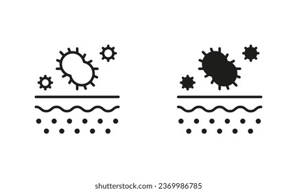 Bacterias en Pictograma de la piel. Microorganismos en la línea de estructura dermis y conjunto de iconos negros de silueta. Capa de piel con colección de símbolos de flora de microbios. Ilustración de vectores aislados.