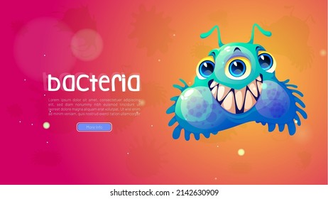 Bacteria poster with funny virus character on red background. Vector medical banner with cartoon illustration of cute germ, microbe or microorganism. Comic blue bacterium cell with teeth and eyes