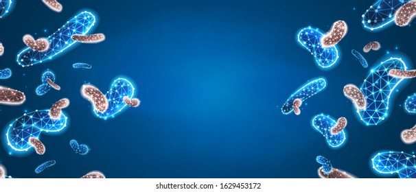 Bacteria probiotics. Digestion flora of humans. Medical allergy and immunity treatment concept. Abstract polygonal image on blue neon background. Low poly, wireframe digital 3d vector illustration