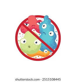 Bacterias en signo de prohibición. Cómic tachado microbios y virus, protección bacteriana y desinfección icono de precaución icono de Ilustración vectorial de dibujos animados. Detener la infección, la epidemia y la gripe