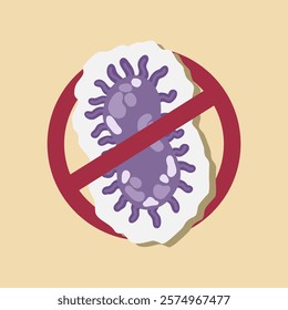 Bacteria with a prohibition sign. Germs and viruses, bacterial protection and disinfection caution symbol illustration icon. Stop infection, epidemic and flu ban