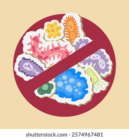 Bacteria with a prohibition sign. Germs and viruses, bacterial protection and disinfection caution symbol illustration icon. Stop infection, epidemic and flu ban