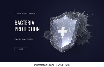 Bacteria protection low poly wireframe landing page template. Microbiology science web banner. 3d bacterium and protective shield polygonal illustration. Cure action mesh art homepage design layout