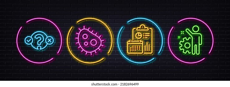 Bacteria, Quiz test and Report minimal line icons. Neon laser 3d lights. Employee icons. For web, application, printing. Antibacterial, Select answer, Accounting. Cogwheel. Neon lights buttons. Vector
