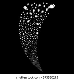 Bacteria random fireworks stream. Vector illustration style is flat white iconic symbols on a black background. Object fountain made from scattered symbols.