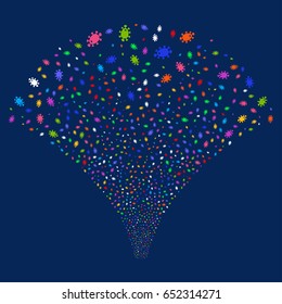 Bacteria salute stream. Vector illustration style is flat bright multicolored iconic symbols on a blue background. Object fireworks fountain made from random pictograms.