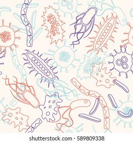 Bacteria seamless pattern on white background. Stock vector illustration with small microorganism, microbe, plankton animal.