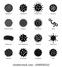 Bacteria set. Bacillus symbols human microbes stamp medical icons microorganism signs germ recent vector silhouettes illustrations set isolated