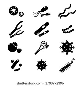 Bacteria set. Black microorganisms of various size and shape on white background. Medical and scientific research concept. Flat style. Vector illustration.
