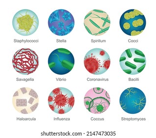 Bacteria shapes set of isolated circle icons with realistic colorful microorganism structures and editable text captions vector illustration