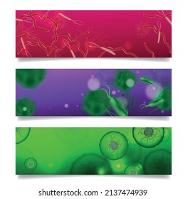 Bacteria shapes set of three horizontal banners with artwork and realistic images of colorful microbes microorganisms vector illustration