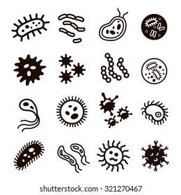 Bacteria, superbug and  virus icons set vector 