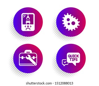 Bacteria, Tool case and Crane claw machine icons simple set. Halftone dots button. Quick tips sign. Antibacterial, Repair service, Attraction park. Helpful tricks. Technology set. Vector